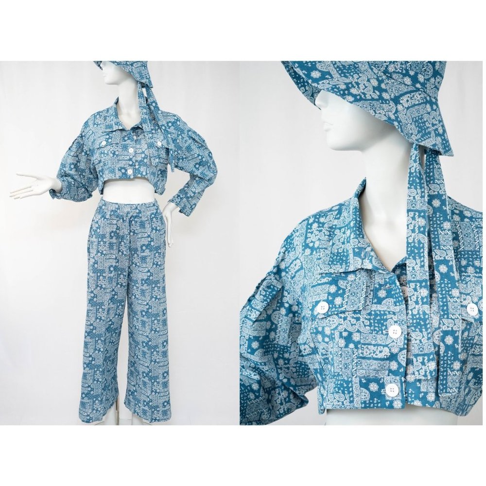 Women's Three Piece Paisley Blue Pattern Crop Jacket and Loose Pants Boho Chic